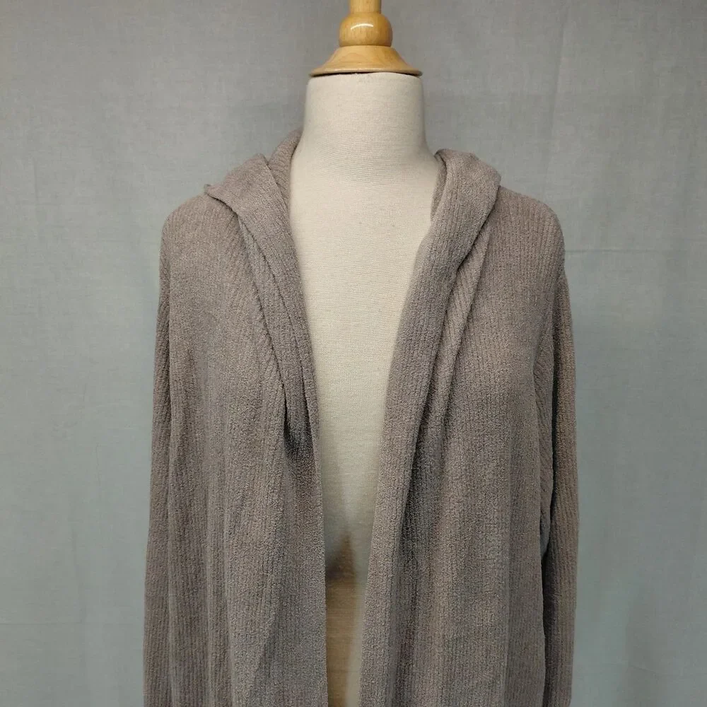 Barefoot Dreams CozyChic Ultra Lite taupe hooded open front cardigan SZ 3XL - Picture 4 of 11